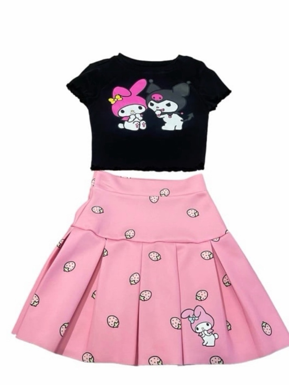 Sanrio My Melody Kuromi 2 Piece Set Crop Top & Skirt Pink Strawberry XS
